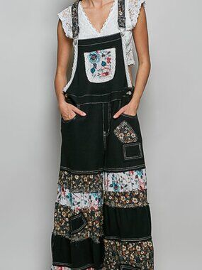POL Boho Waffle knit and patchwork overalls Jumpsuit